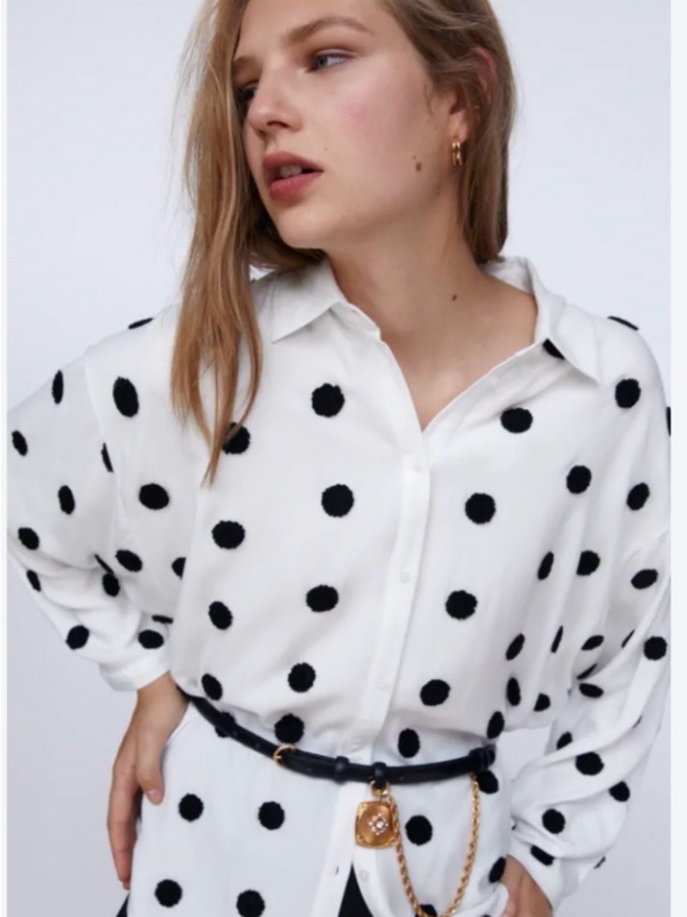 Zara White Button-Down Shirt with Black Polka Dots